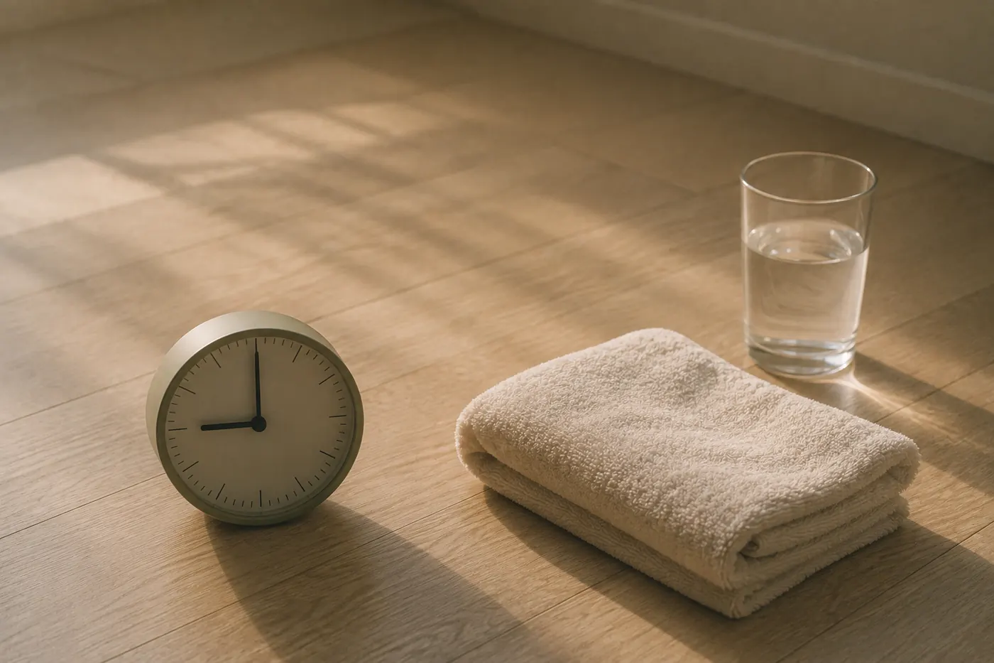 9時を指す時計と、たたんだタオルと水